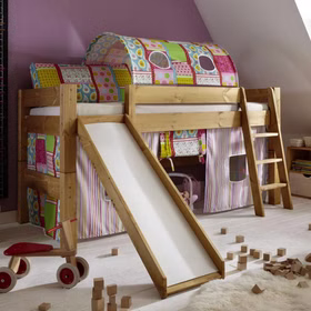 Bett halbhoch 210x110x230cm mit Schrägleiter Rutsche Tunnelzelt und Vorhang Kiefer massiv
