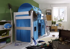 Bett mittelhoch 210x140x128cm mit Schrägleiter Tunnelzelt Vorhang und Tasche Kiefer massiv weiß lasiert