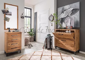 Echtholz Schuhkommode 90x90x38cm BREST Asteiche massiv rustikal natur geölt Metallbeine schwarz Casa de mobila Goslar