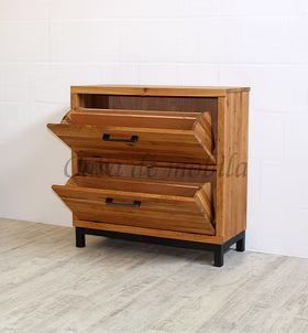 Massivholz Schuhschrank 90x90x38cm BREST Wildeiche massiv rustikal natur geölt Metallbeine Vintage Casa de mobila Goslar