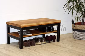 Dielenbank mit Ablage 90x39x45cm BREST Asteiche massiv rustikal Eisen Vintage schwarz Casademobila Goslar