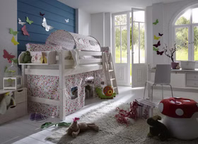 Massivholz Kinderbett INFANSKIDS 90x200x117cm halbhoch Kiefer massiv weiß lasiert Casa de mobila Goslar