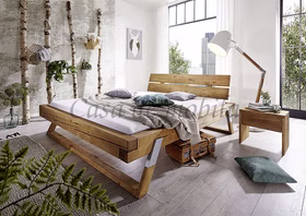 Kufenbett Holzbett 140x200x44cm Kiefer massiv gebeizt & geölt eichefarben mit Wuchsrissen Casa de mobila Goslar