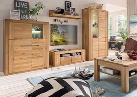 Wohnzimmer-Highboard HORIZONT 115x137x40cm Wildeiche massiv geölt Glastür rechts Metallgriffe Casa de mobila Goslar