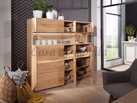 Massivholz Geschirrschrank mit Beleuchtung OKER 164x152x44cm Wildeiche massiv geölt Casademobila Goslar