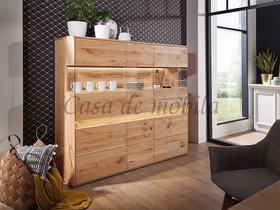 Massivholz Highboard mit Beleuchtung OKER 164x152x44cm Wildeiche massiv geölt Casademobila Goslar