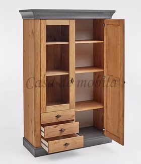 Vitrinenschrank 108x163x45cm BERGEN Kiefer 2farbig gelaugt / grau