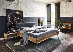 Doppelbett mit Lederkopfteil 140x200cm MODERN SLEEP Wildeiche massiv geölt mit Metallfüßen Casa de mobila Goslar Doppelbett mit Lederkopfteil 140x200cm MODERN SLEEP Wildeiche massiv geölt mit Metallfüßen Casa de mobila Goslar