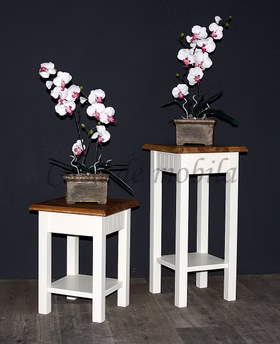 Massivholz Blumenhocker mit Ablage Landhaus Höhe 60 cm NORDIC HOME Kiefer massiv weiß holzplatte Wildeiche geölt casademobila