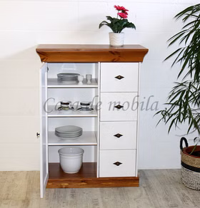 Massivholz Hochschrank 88x117x45cm BERGEN Kiefer massiv 2farbig weiß goldbraunfarben lackiert Casa de mobila Goslar