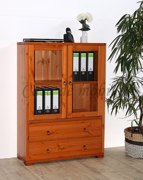 Massivholz Büroschrank mit Glastüren und Schubladen CONTRA 89x122x33cm kiefer massiv kirschfarben lackiert Casa de mobila Goslar