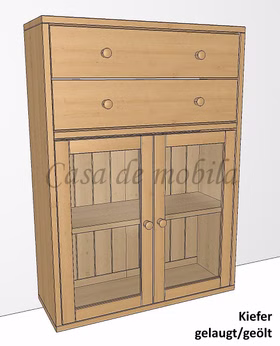 Massivholz Anrichte Schrank mit Glastüren und Schubladen CONTRA 89x122x33cm kiefer massiv gelaugt geölt Casa de mobila Goslar