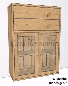 Massivholz Anrichte Schrank mit Glastüren und Schubladen CONTRA 89x122x33cm Wildeiche massiv Bianco geölt Casa de mobila Goslar