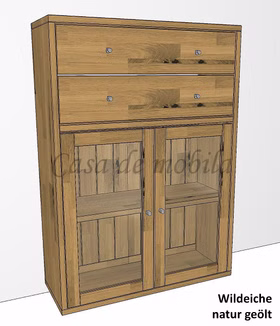 Massivholz Anrichte Schrank mit Glastüren und Schubladen CONTRA 89x122x33cm Wildeiche massiv natur geölt Casa de mobila Goslar