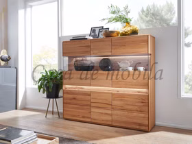 Massivholz Highboard mit Beleuchtung III OKER 164x152x44cm Kernbuche massiv natur geölt Casa de mobila Goslar