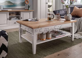 Massivholz Sofatisch mit ablage COUNTRY HOME 120x48x75cm Kiefer massiv weiß Wildeiche geölt, 1036221601 Casa de mobila Goslar