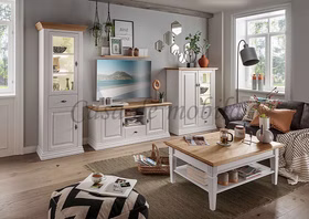Landhaus Wohnzimmertisch mit ablage COUNTRY HOME 120x48x75cm Kiefer massiv weiß Wildeiche geölt, 1036221601 Casa de mobila Goslar