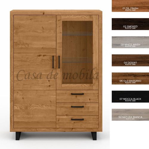 Woodroom Siona Highboard Massiv-Eiche Geölt - 80x140x40cm Schrank Mit Glasfront