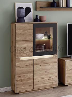 Massivholz Highboard FLORENZ 77x136x40cm Wildeiche massiv geölt beleuchtet Design-Türen Glas rechts