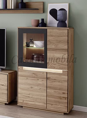 Massivholz Highboard FLORENZ 77x136x40cm Wildeiche massiv geölt beleuchtet Design-Türen Glas links