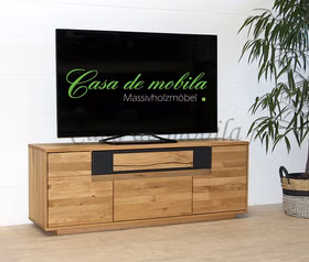 Massivholz TV-Lowboard FLORENZ 153x57x40cm Wildeiche massiv geölt beleuchtet Design-Schublade