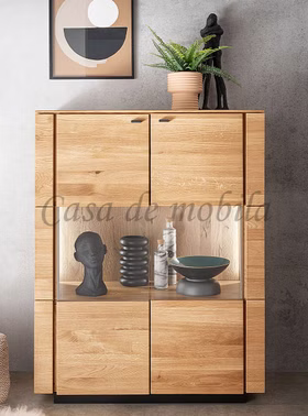 Massivholz Highboard ALON 99x127x42cm schmal Wildeiche massiv natur geölt mit Hirnholz und Beleuchtung von Casa de mobila Goslar