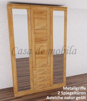 Massivholz Kleiderschrank mit 3 schubladen,1 holztür und 2 spiegel aussen CASERA 153x235x61cm asteiche massiv natur geölt Wimmer Casa de Mobila Goslar