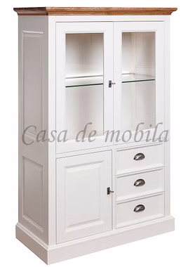 Landhaus Vitrine mit schubladen klein OAKDALE 102x154x48cm Birke teilmassiv weiß lackiert Wildeiche massiv natur geölt Casa de mobila Goslar