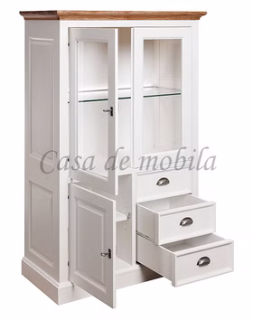 Landhaus Schrank mit glastüren klein OAKDALE 102x154x48cm Birke teilmassiv weiß lackiert Wildeiche massiv natur geölt Casa de mobila Goslar