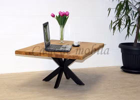 Couchtisch 110x46x75cm PLATO Wildeiche geölt Doppel-X-Gestell Massivholz Couchtisch PLATO 110x46x75cm Eichenholz geölt Baumkante, Metallbeine Doppel-X von Casa de mobila Goslar