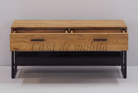 Dielenbank 98x44x36cm BLACKPOOL Eiche massiv geölt Metall Flurbank mit Ablage BLACKPOOL mit geöffneter Schublade Eiche massiv natur geölt Metall schwarz