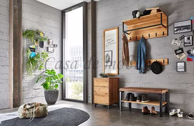 Flurbank mit Metallbeine 90x47x42cm WALK IN Wildeiche holz Ablage polstersitz leder Braun