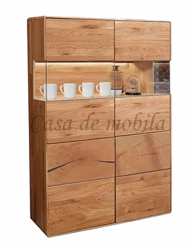 Massivholz Schrank mit glastüren halbhoch 100x145x40cm HARZ Eiche massiv mit Stirnholz Casa de mobila Goslar