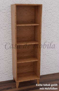 Massivholz Bücherregal mit 4 offene Fächer schmal Mido 46x132x32cm Eiche massiv tabak nussbaumfarben geölt Casa de mobila Goslar