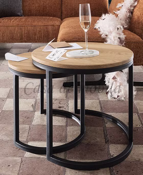 Beistelltisch-Set BENTE rund 50x43x50cm und 40x38x40cm Wildeiche natur geölt Metallgestell schwarz Casa de mobila Goslar