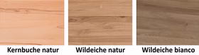 Holzmuster Kernbuche natur geölt, Wildeiche natur geölt und Wildeiche bianco geölt für Hängevitrine rechts HORIZONT