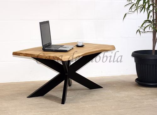 Couchtisch 115x49x65cm LOU Eiche natur geölt Wellenkante Spinnenfuß Couchtisch lou aus massivem Eichenholz mit Wellenkante und schweizer Kante und spyderbeinen aus schwarzem Metall