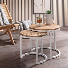 Beistelltisch 2er Set rund ⌀50x43/40x38cm BENNI Wildeiche natur geölt Blumentisch 2er Set ⌀50/43x40/38cm Eiche massiv natur geölt Metallbeine rund weiß Casa de mobila Goslar
