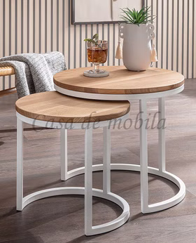 Beistelltisch 2er Set rund ⌀50x43/40x38cm BENNI Wildeiche natur geölt Beistelltisch-Set BENNI rund 50x43x50cm / 40x38x40cm Wildeiche massiv natur geölt Metallgestell rund weiß Casa de mobila Goslar