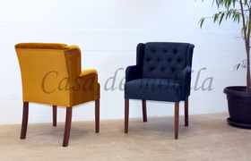 Polsterstühle mit Armlehnen 62x90x65cm WIRSBERG Velours dunkelblau, Samtverlous mais gelb, Beine Nussbaum Casa de mobila Goslar