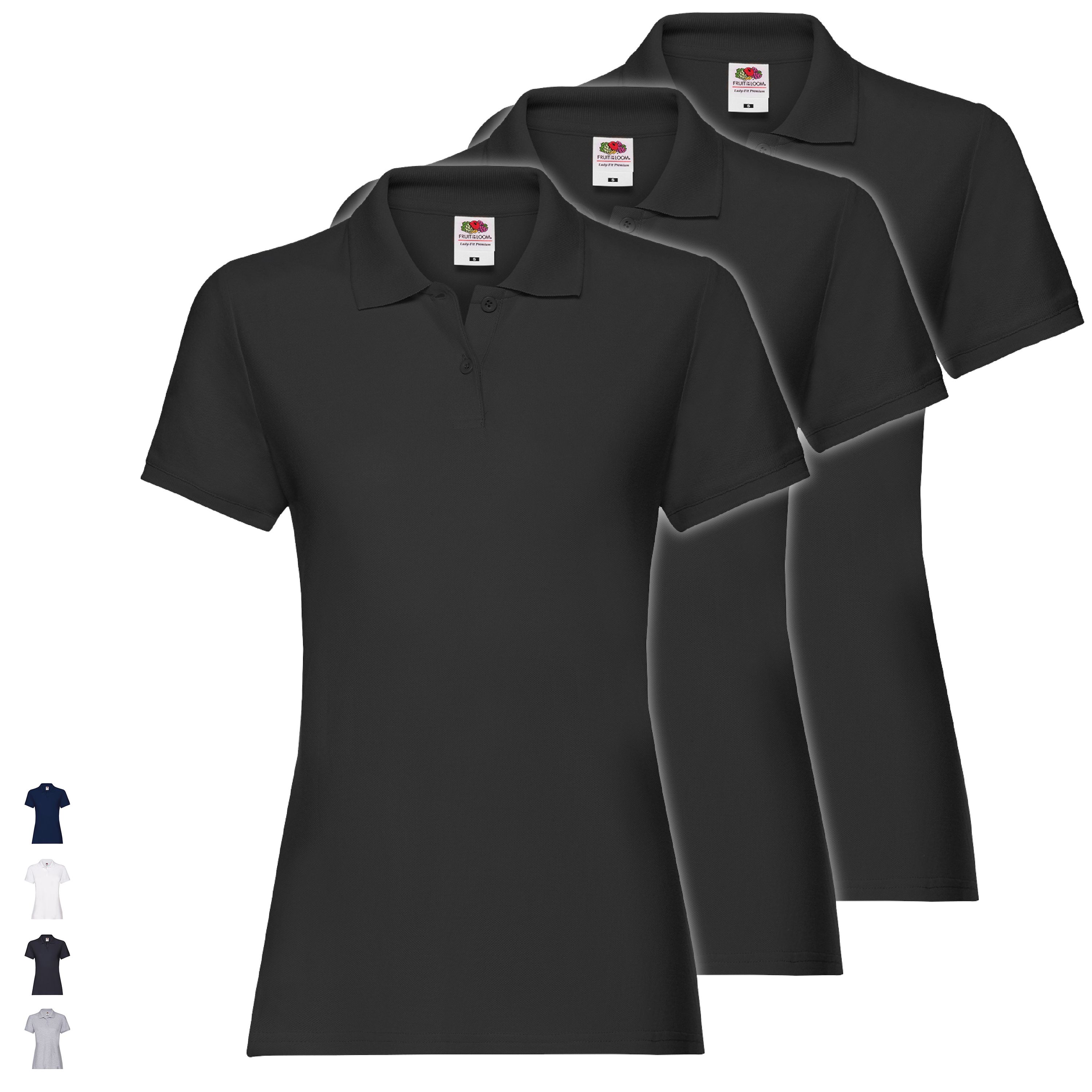 3er Pack Fruit of the Loom Premium Polo Lady-Fit Damen Poloshirt Set Basic Shirt
