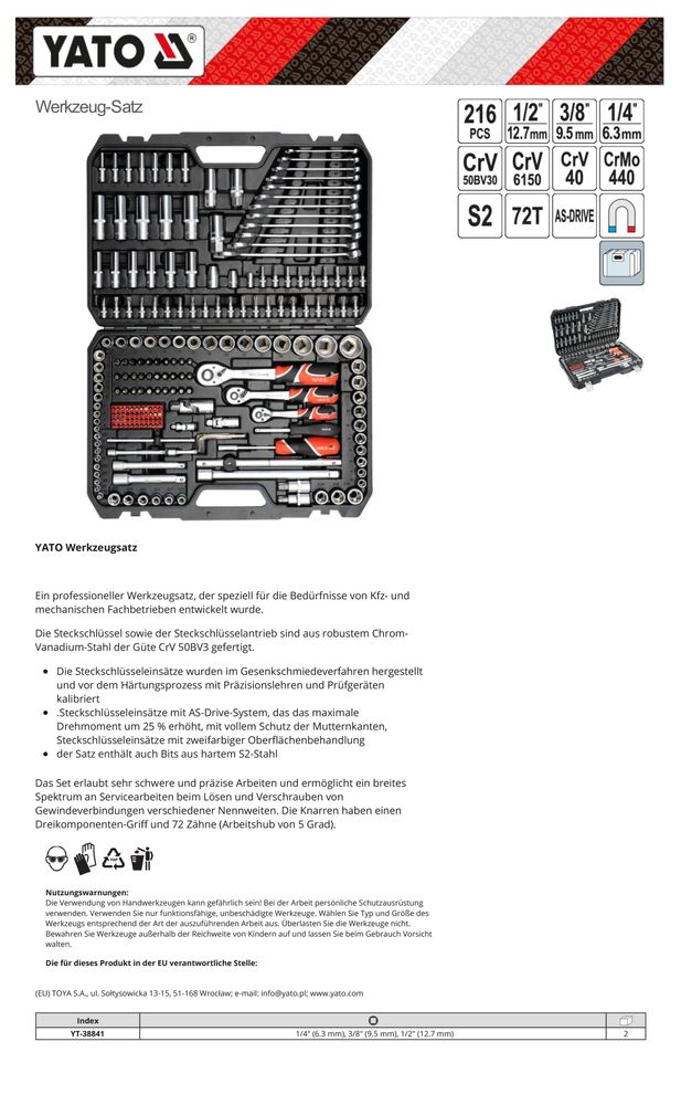 Yato Werkzeugkoffer Set 216tlg Ratschen Steckschlüssel 1/4