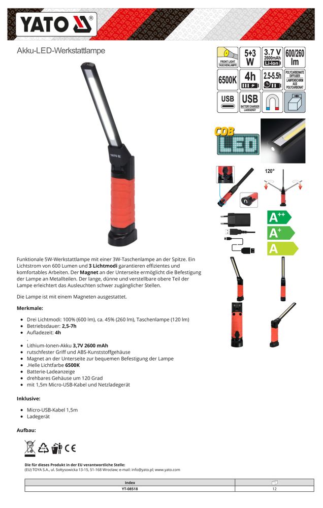 Yato Work LED Lamp 2 In 1 Magnet [Energy Class A