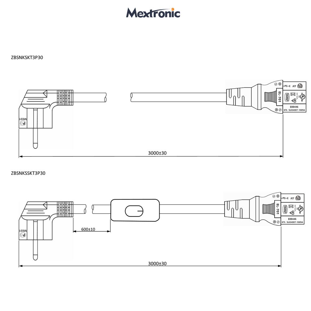 Network cable 3 m Schuko protective contact plug (angled) 300sw 