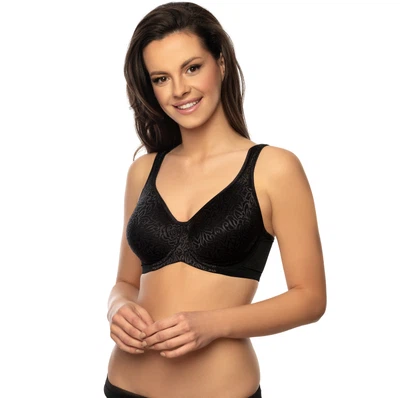 Vorderansicht Bügel-BH mit nahtlos geformten Cups und Rosenmotiv in Farbe Schwarz