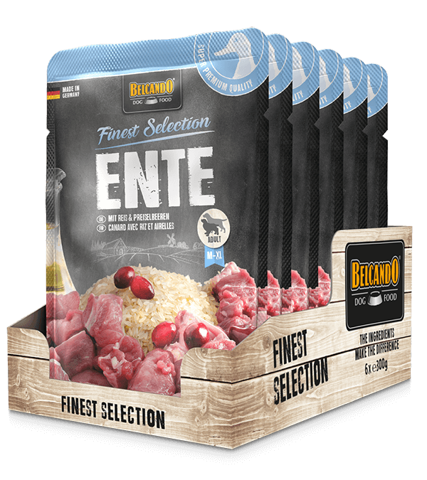 BELCANDO Ente mit Reis & Preiselbeeren 6x 300g Nassfutter Hund Portionsbeutel