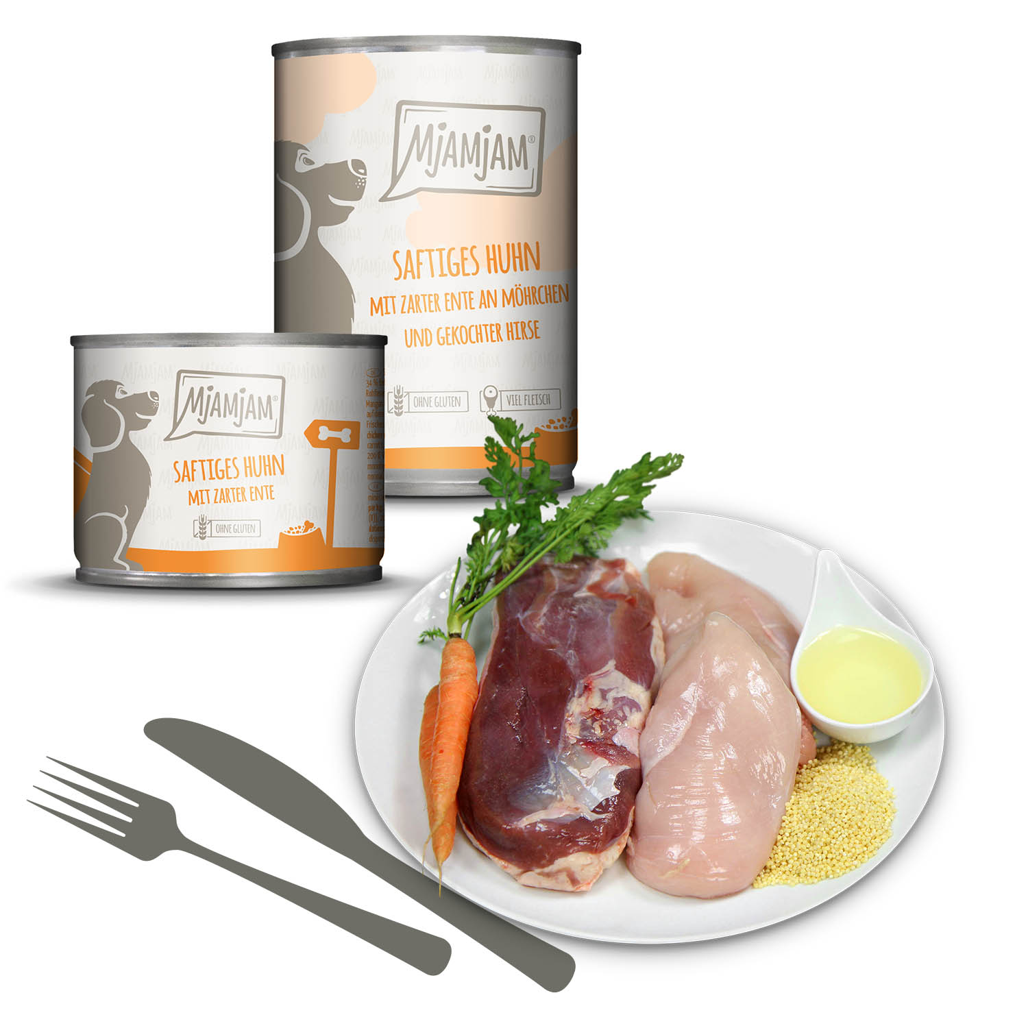 MjAMjAM Dog - saftiges Huhn mit zarter Ente an Möhrchen & gekochter Hirse 6x400g