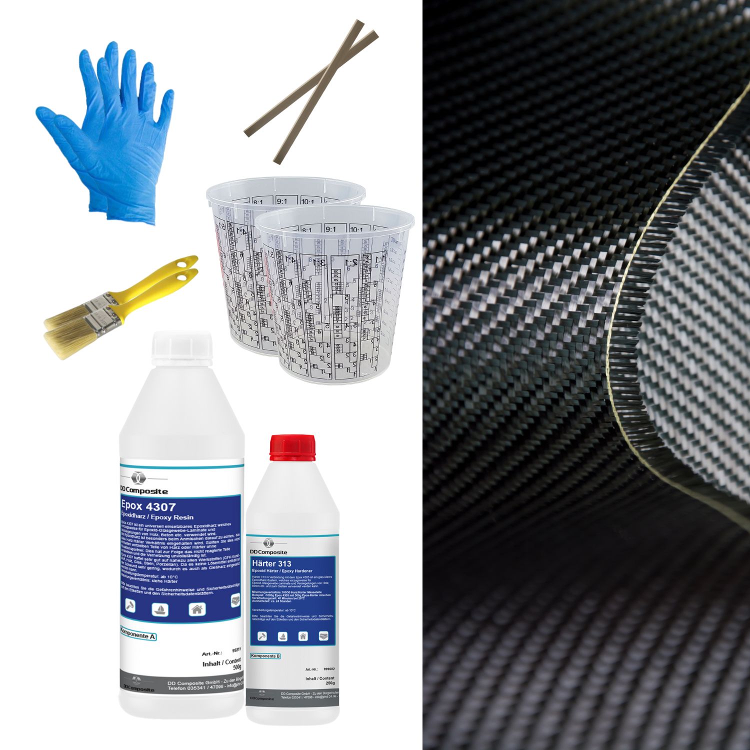 Carbon Komplett-Set 0,5m² Carbongewebe Köper 250g Epoxid...
