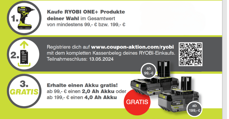 RYOBI ONE+ GRATIS Prämie sichern | werkstatt-king.de