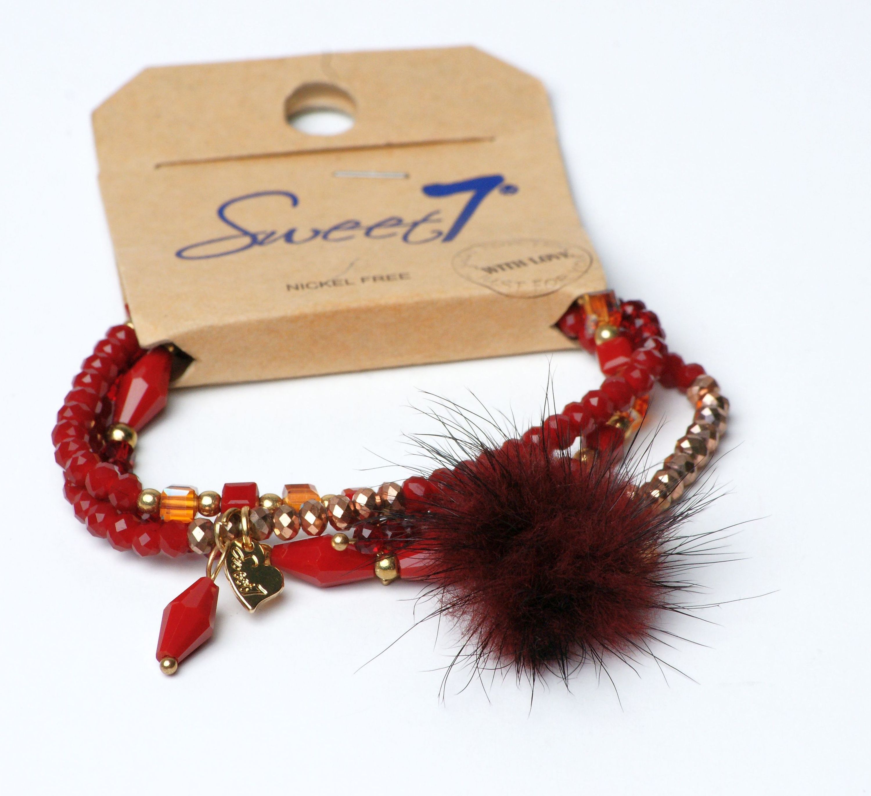 Modeschmuck Armband von Sweet7 aus Glasperlen  Kunstfell in Rot  Gold